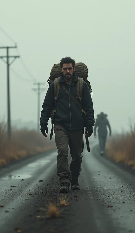 A person walking alone on a deserted road ,  with a backpack and a desperate look while a zombie watches him from afar."


