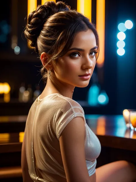 a beautiful woman with an updo hairstyle, wearing minimalist seethrough sexy clothes ,sitting at a bar in a nightclub,cinematic lighting,sharp focus,highly detailed,8k,masterpiece,photorealistic,complex,(best quality,4k,8k,highres,masterpiece:1.2),ultra-de...