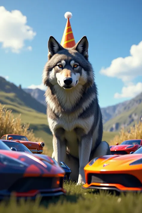 Happy birthday Alex Wolf realistic wolf image with Rocket League cars 