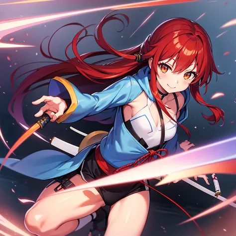 holding Katana, The blade of the Katana is blue, the set up, 1girl, solo, Japanese Kyoto, red hair, long hair, orange eyes, flat chest, slim figure, smile, hoodie,  perfect anatomy