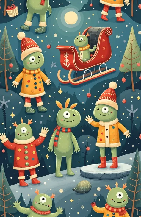 
Pattern 2 , is expressed in a simple style ,  pattern .  winter-themed scenes like the one-eyed monsters and cute green one-eyed monsters dressed in festival costumes,  is expressed in a simple style .  Each element , It features cozy ,  basket , sleigh, ...