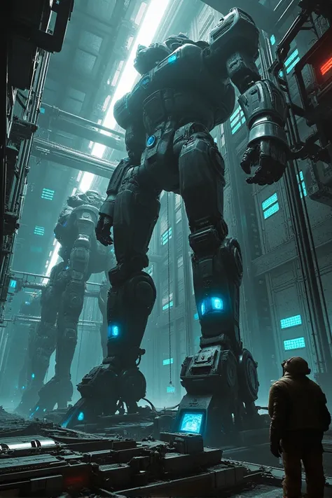 detailed giant mecha factory, 20 meter tall mecha, giant mecha tanks, highly detailed mechanical robots, advanced futuristic technology, intricate mechanical parts and gears, complex industrial machinery, glowing blue energy sources, dramatic lighting, cin...