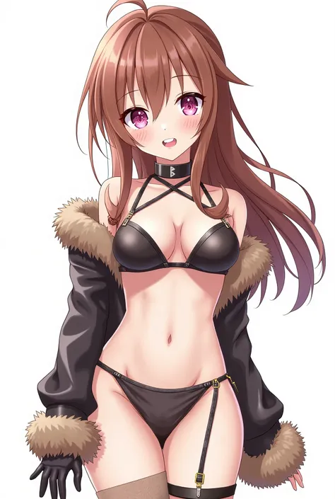 Amana Osaki, 1 girl, has, gloves,  long hair, Alone,  white background, fur has, smile,  brown hair ,  looking at viewer , pink spiral-shaped eyes,  Simple Background,  leather-trimmed ,  open your mouth,  shelter , blush, bikini , Braid , V, long sleeves,...