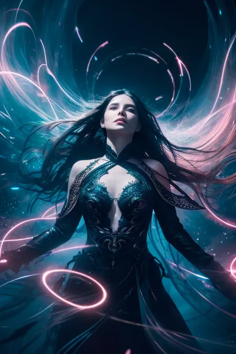  An impressive 8K resolution image of a breathtakingly beautiful woman,  surrounded by a swirling aura of black ink ,  in a dream-like state with elaborate , flowing clothing and captivating , natural light.