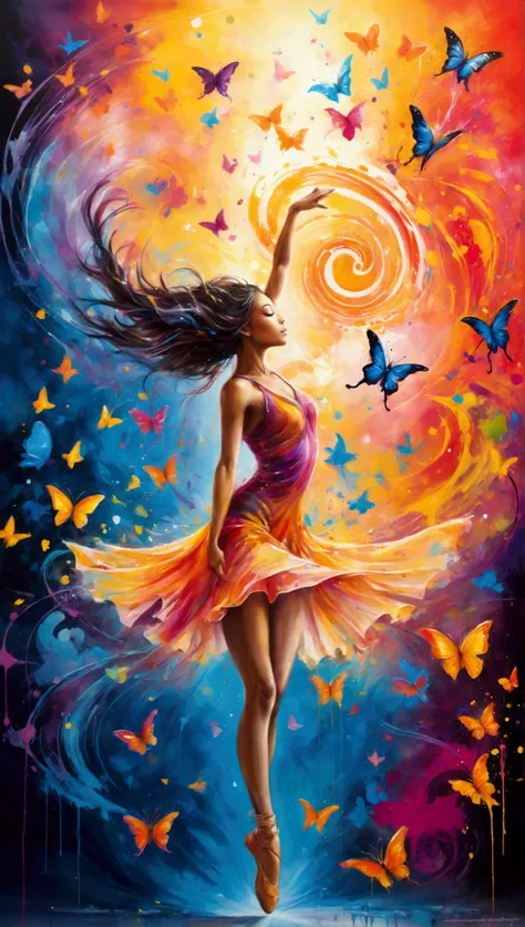 A mesmerizing, vibrant ink splatter painting of a dancer suspended in mid-air, surrounded by an enchanting swirl of musical notes that seem to float like whimsical butterflies. The scene is drenched in a kaleidoscope of colors, with dreamy splashes of pain...