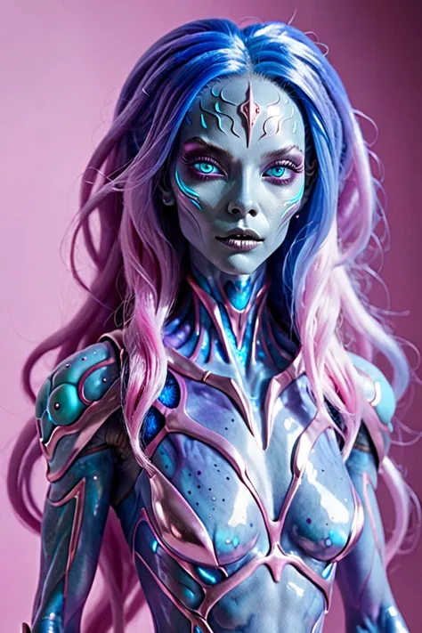 Alien woman + she has blue skin with slight lilac highlights + her hair is long, wavy and a light pink + her eyes are bright and she has small fangs + She has a healthy and young appearance + show all her body