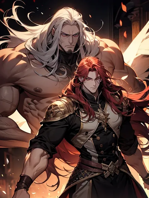  The character described is a tall man ,  muscular man,  with an imposing appearance . He has crimson colored eyes,  that emanate an intense and captivating glow . They have long hair，This&#39; s completely white , adding an element of distinction to your ...