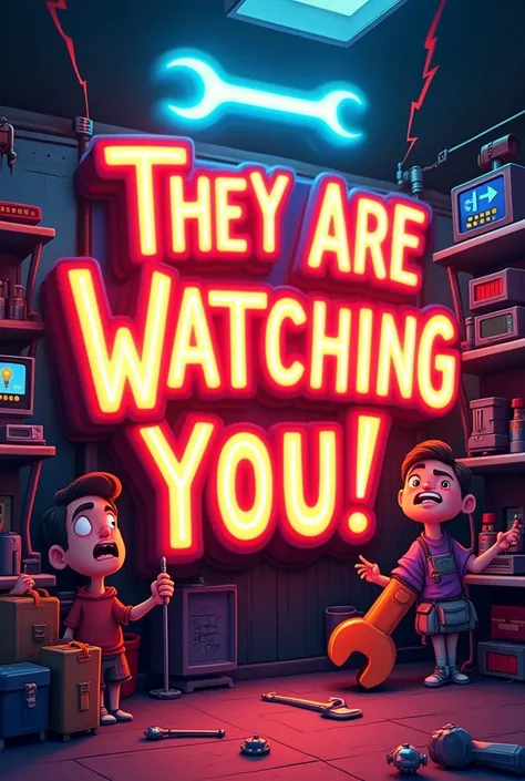 "Design a vibrant YouTube thumbnail with the title They Are Watching You!! (perfect spelling and punctuation are critical). Use bold, glowing neon 4D typography in a playful font like Bangers or Comic Sans Bold. The title dominates 40% of the image, center...