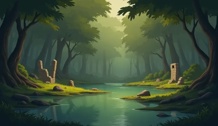 a swamp lake with small grass and rock islands, surrounded by a dense forest, some islands have rocks or fallen tree trunks, broken stone structures on some islands, beautiful detailed lighting, cartoonish