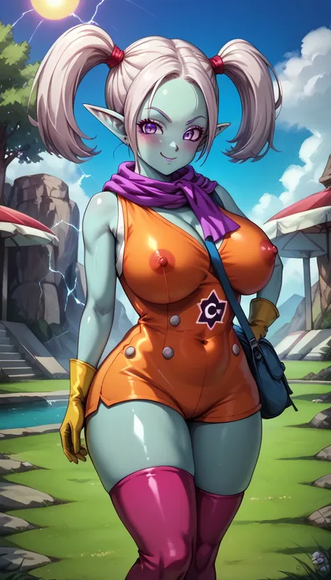 , 1 girl, alone, looking at viewer, white hair, purple eyes, pointed ears, colored skin, blue skin, detailed background, park, panzy_(dragon_ball_daima),,,,,,1 girl, huge breasts, tallest milf, tallest woman, big areolas, huge hips, absurd, pale skin, blus...