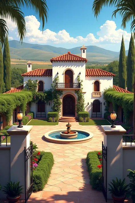 Create a luxurious Mexican-style farm ,  seen from the outside in 2D