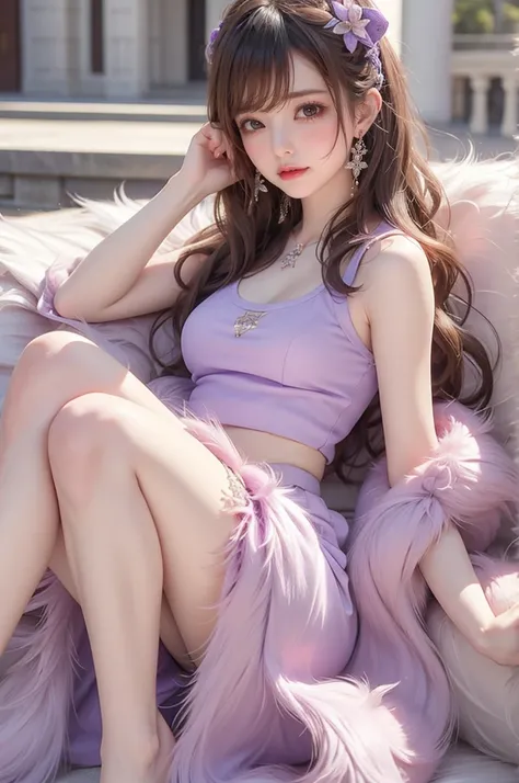 masterpiece, High quality detailed background, masterpiece,  Best Quality , 1 person , curls,  long hair,  Purple Eyes,  stars in the eye , Tank top, Long skirt,Very cold、Wearing a fur coat