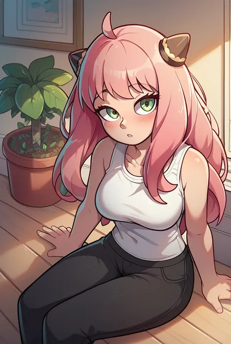 1girl, solo, long hair, looking at viewer, blush, bangs, shirt, sitting, green eyes, white shirt, pink hair, ahoge, parted lips, sleeveless, pants, indoors, wariza, black pants, tank top, plant, , on floor, female , potted plant, hairpods, anya (spy x fami...