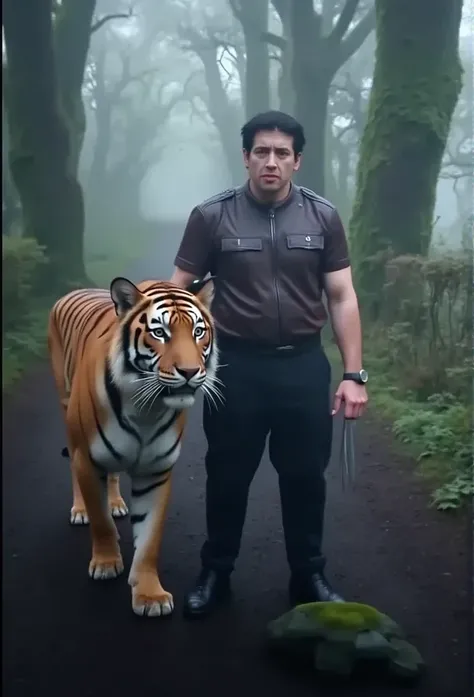 A realistic, atmospheric scene in a misty, ancient forest, where Wolverine (as portrayed in the X-Men movies) stands next to a majestic tiger. Wolverine, with his iconic, rugged appearance, sharp adamantium claws extended, his intense, piercing gaze filled...