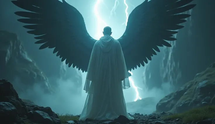 A man in a white robe with a glowing aura, standing before towering angelic beings with dark wings in a stormy, otherworldly landscape. The scene has dramatic lighting with bright flashes resembling lightning. Captured with a Sony Alpha 7R IV, using a 85mm...