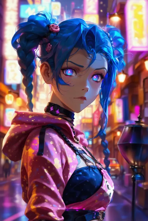 ( masterpiece fails,  top quality lamp is on:1.2),  1girl, One, Jinx, wearing a Jinx Arcane Costume,  blue hair with two long braids,  In detail, city,  Colorful , purple glowing pupils , motion light 