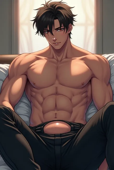 sexy aanime guy shirtless and has a bulge in his pants.