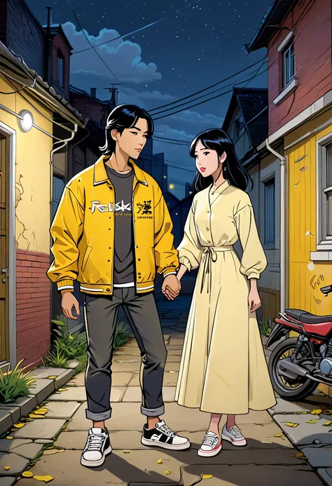 Name "Pai & Nat" in a small yellow Graffiti-style font and in 3D create a Comic-style image of two young lovers, holding hands as a farewell. She is a beautiful young Asian girl with long black hair, brown eyes, dressed in a long white dress with long slee...