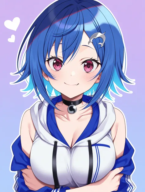 Nishizono Chigusa,blue hair,fang,smile