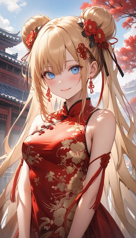 (nsfw:1.7), 1girl, solo, long hair, looking at viewer, blush, smile, closed mouth, hair ornament, hair between eyes, bare shoulders, medium breasts, blue eyes, golden hair, hair ribbon, sidelocks, :d, detached sleeves, hair flower, hair bun, sleeveless dre...