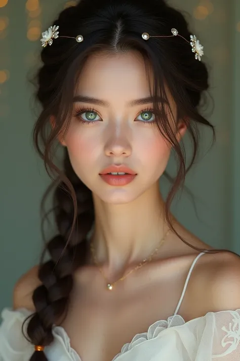 A girl with a cute braid, a beautiful goddess, a sexy outfit that shows off her skin color, a white dress and you have smooth, white skin. decorated with diamonds Has dark brown hair color emerald green eyes A face as beautiful as a goddess Braid and leave...