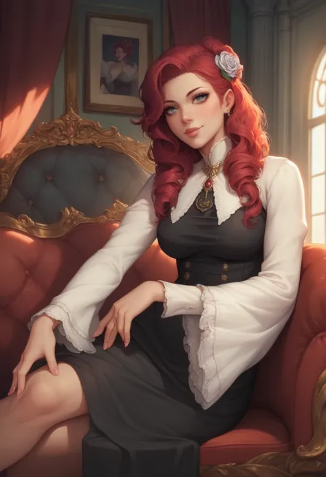  Pretty princess with reddish hair tied , ojos color rosado,  long sleeve black dress with a neckline , She wears a monocle like a lens ,  poses with one hand on her face resting on this hand.  looking in the front, Interior environment,  historical enviro...