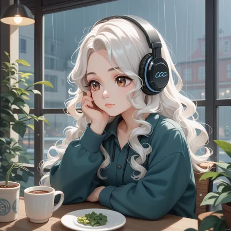 The most beautiful girl ever、 chibi, Cafe、 headphones、rain、white hair, Long Hair, High Resolution, High Resolution, High Details, brown eyes, curly hair