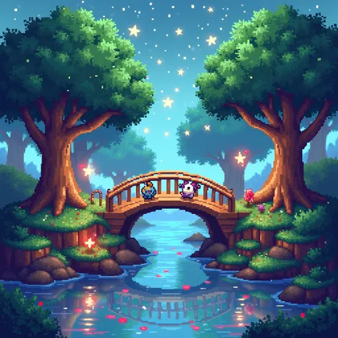 A pixelated bridge over an enchanted river ,  surrounded by magical Stardew Valley-style trees