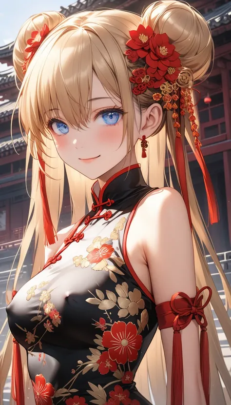 (nsfw:1.8), 1girl, solo, long hair, looking at viewer, blush, smile, closed mouth, hair ornament, hair between eyes, bare shoulders, medium breasts, blue eyes, golden hair, hair ribbon, sidelocks, :d, detached sleeves, hair flower, hair bun, sleeveless dre...