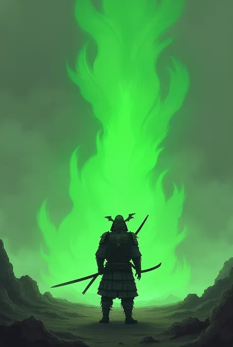 A samurai standing far away ,  from which a strong green flame emanates