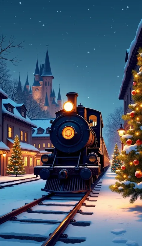 The image is a digital illustration of Sunday train on a snowy street at night. The train is black and gold in color and has the iconic Sunday logo on the front. It is traveling on a railway track with a castle in the background. The street is lined with t...