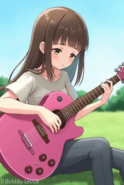 a woman with straight brown hair with bangs playing a pink guitar outdoors 