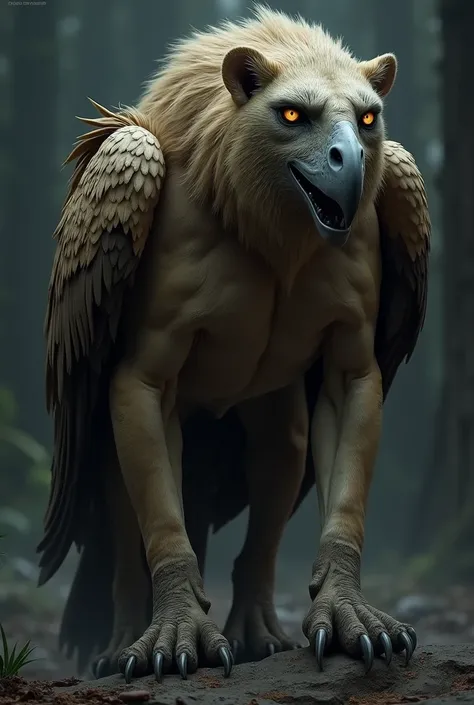  creates an image of a hybrid animal , a mix of a lion and an eagle , with its features merged and merged making it a single creepy creature.