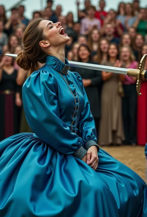 (realistic photograph close up) (view from above sideways), (a happy big bust slender waist beautiful kneeling lady with (messy hair bun)), (she is wearing (an exaggerated elaborate shiny blue silk dress with (long extremely big puff sleeves), (and a high ...