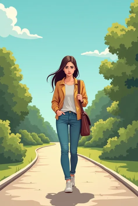 
A girl walking under the sun but hates the sun, Vectorized 
