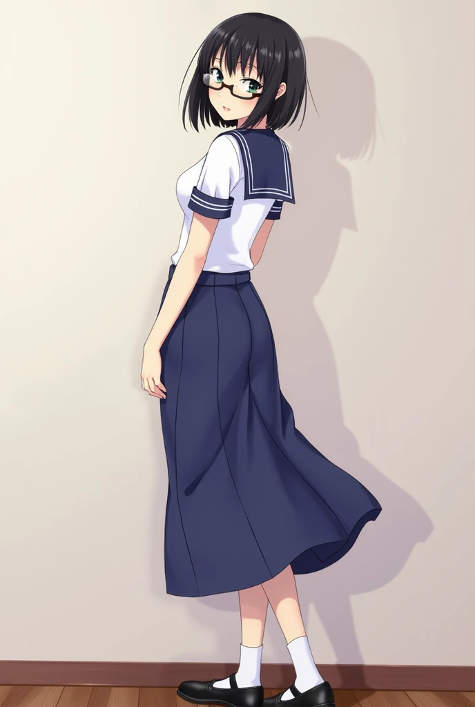 suzuka, new arrivals,  black hair,  short straight hair , glasses, Seifuku sailor school uniform ,  small breasts, white top, blue skirt, long skirt, socks, and shoes,  wallpaper, standing upright,  full lips,  sexy look , vista pantyline tanga,  Seen from...