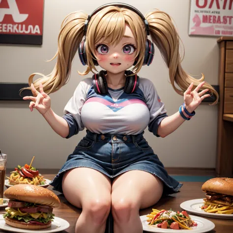 Super Pochako, Blonde,  Twin Tails ,  chubby , Food,  headphones