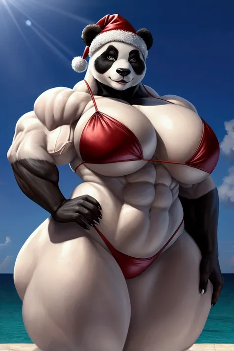 Female panda bear with very big  , very huge and very gigantic and shes wearing a Christmas-themed bikini and shes very strong  ,  very muscular and very sexy and her muscles are very big and very huge.