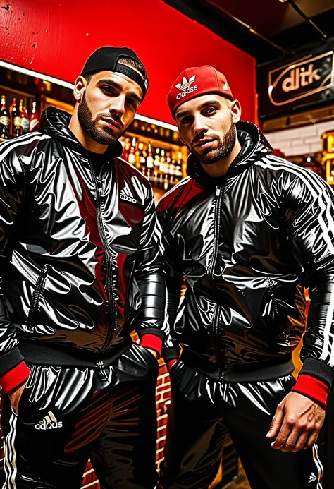 Graffiti urban style, portrait of medium body of two:chav guys handsome 30 year old Chavs,muscular and athletic,having a beer inside a bar in London, more scally men in the background, with beard, full red leather cap "adidas" in black shiny latex tracksui...