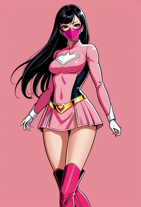 A black straight-haired super hero in a pink suit consisting of a mini skirt and a tight heart-shaped top that accentuates her figure with knee-length pink heeled boots and a pink mask. Her physical appearance is thin with a small waist, medium bust and at...