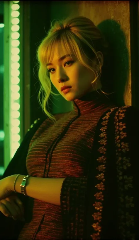   ， depicts a young blond woman with cyberpunk hair, (((Big Boobs)))  in a 1950 Korean bar , (( Green and red neon )), ((((( Alexander McQueen style haute couture ))))), Supermodel,  sexy model pose , masterpiece,  eye height ,  Kodak Funsaver , Door 160, ...