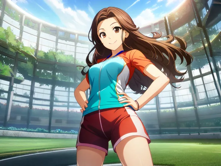 1girl, smile, hands on hips, shorts, athletic clothing, short sleeves, solo, brown hair, long hair, outdoors, game cg, highres, Looking at viewer