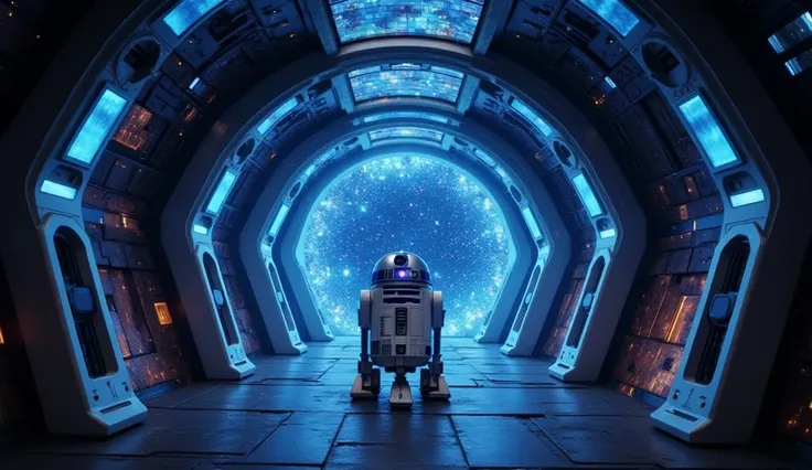  A mysterious corridor in the Star Wars ,  featuring R2-D2 moving away ,  universe with futuristic lighting and intricate details on the walls,  showing a science-fiction atmosphere ,  Cinematic Lighting,  high resolution ,  Dynamic Angles , arte digital,(...