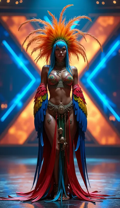 A humanoid macaw woman with arms and legs inspired by a Yanomami woman, the head is a macaw, the body is a macaw, she wears a belt made of woven fibers and a headdress made of vibrant tropical feathers she wears a leaf as a bra. The macaw has human arms an...