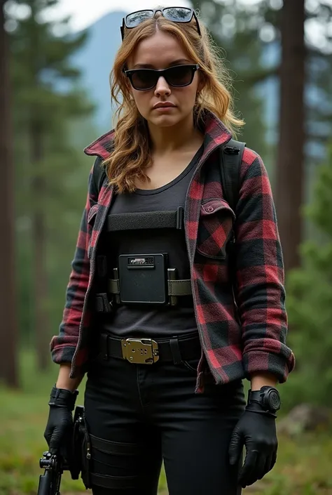 Olivia Cooke,sunglasses,flannel jacket,bulletproof plate carrier vest,black gloves,potrait,in the woods of Colorado