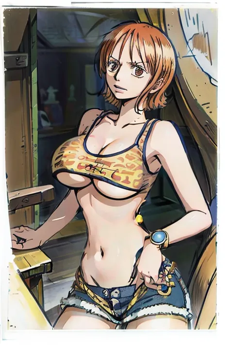 One piece nami,light brown short hair,(best quality), (masterpiece), 1 girl, early 20s, huge heavy breasts, busty, massive breasts, thick, thick lips, wide hips, thin waist, on a stick,tank top, jean shorts, underboob, in the city,