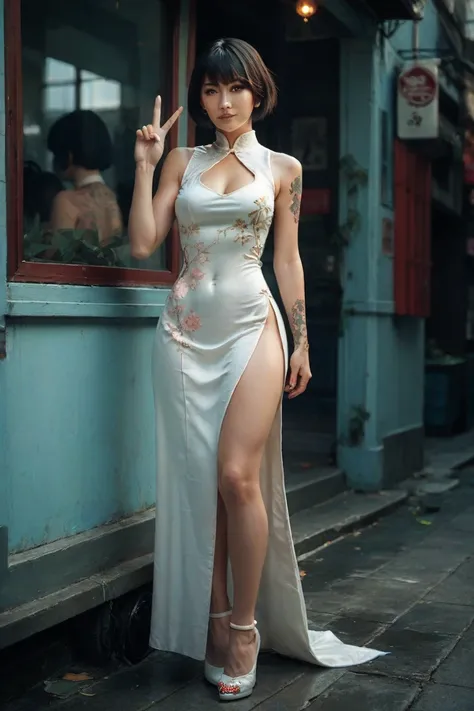 a woman, dark hair, v-neck, neckline, short hair, tattoo, white qipao, full body portrait