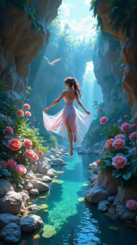 A breathtaking painting of a dancer gracefully soaring through the air, enveloped in a cascade of vibrant, swirling colors. The background features a fantastical paradise with lush, ethereal landscapes, blooming flowers, and sparkling waterfalls. Delicate ...