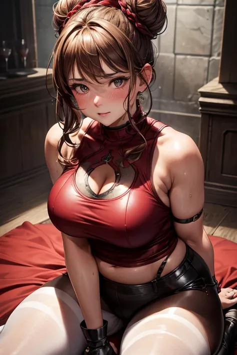 Chubby, curvy, light brown hair, tightly curled permed hair, hair tied up in a large beehive bun, blushing, flushed face, wet eyes, choker, very large heavy breasts, chubby, belly, stretchmarks, (best quality,4k,8k,highres,masterpiece:1.2),ultra-detailed,(...