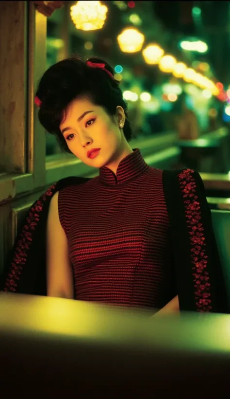  Wong Kar-Wais cinematography style，Film Aesthetics， movie camera，Stills， Woman in a 1950s style dress, perfectly  detailed beautiful face, Half Body, cosmetic,  Skirts and Petticoats , Curly hair style,  Sitting in a vintage restaurant ,  Surrounding with...